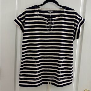 Talbots Blue & White Striped Terrycloth Short Sleeve Top Drawstring Hem, Medium